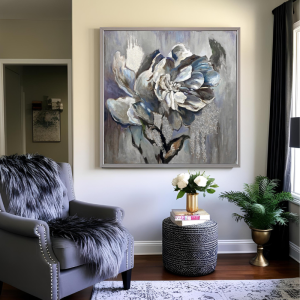 Yağlı Boya Dokulu Kabartmalı Gümüş Çiçek Tablo 90x90cm