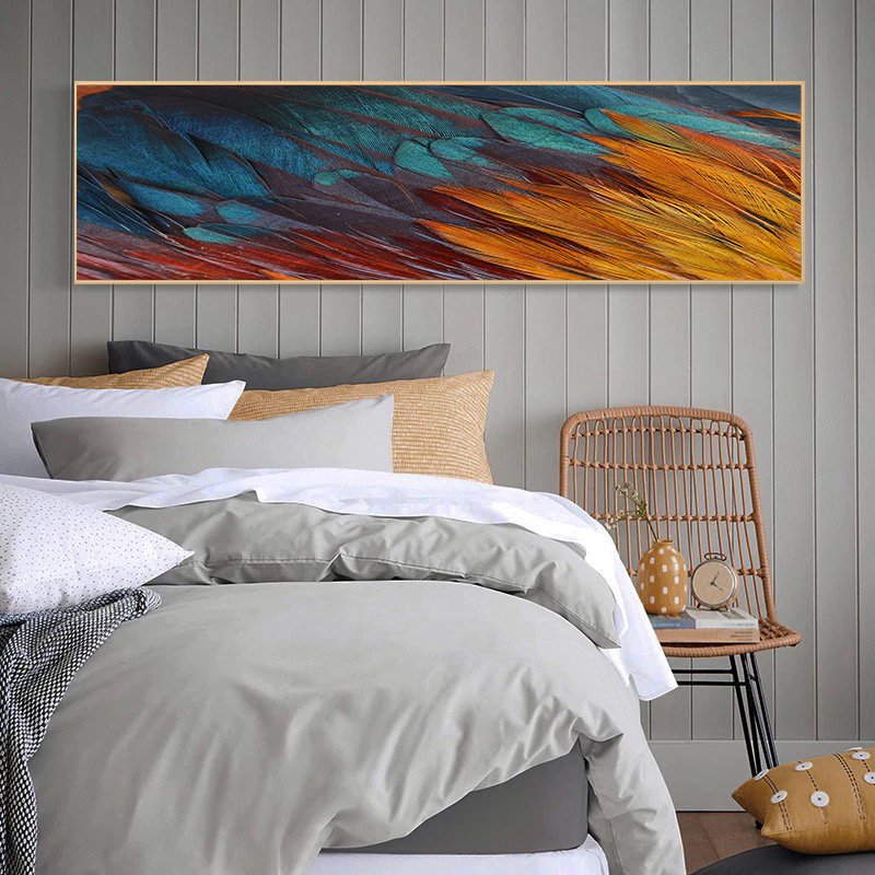 120x50cm Panoramik Kanvas Tuval Tablo Renkli Kanat Kod: P074 Altın Metal Çerçeve-