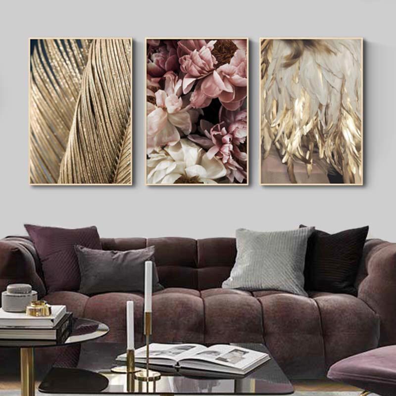 Üçlü Kanvas Tuval Tablo Seti Rose & Gold Feathers Kod: 3201-K