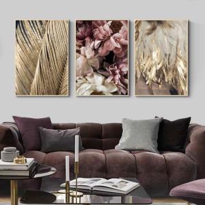 Üçlü Kanvas Tuval Tablo Seti Rose & Gold Feathers Kod: 3201-K