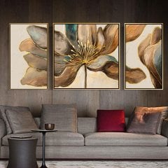 Luxury Desenli Üçlü Kanvas Tablo Seti KOD: LX554-K1 Altın Metal Çerçeve-