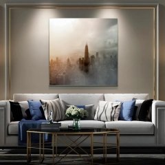 Kanvas Tuval Tablo Misty City Kod: SR0004 90x90cm Kanvas Tablo - Altın Metal Çerçeve-