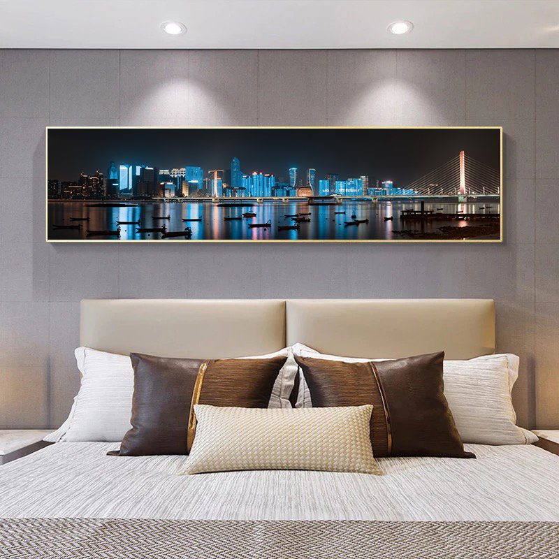120x50cm Panoramik Kanvas Tuval Tablo Neon City Kod: P079 Altın Metal Çerçeve-