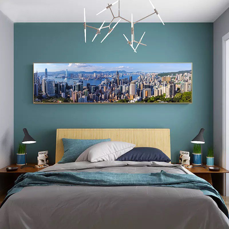 120x50cm Panoramik Kanvas Tuval Tablo City View Kod: P080 Altın Metal Çerçeve-