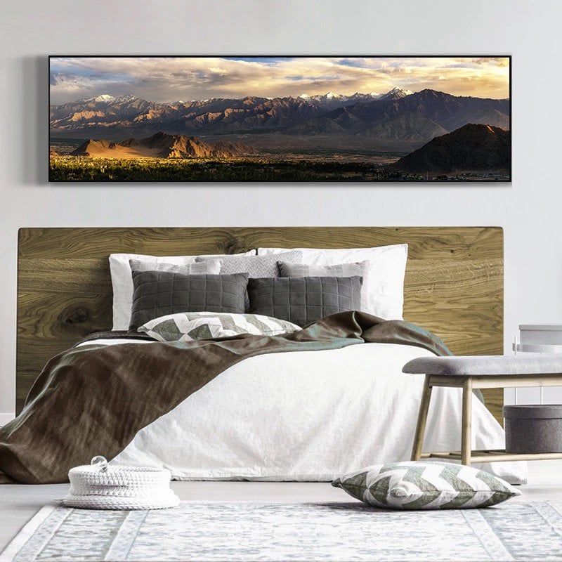 120x50cm Panoramik Kanvas Tuval Tablo Dağ Manzarası Kod: P081 Altın Metal Çerçeve-