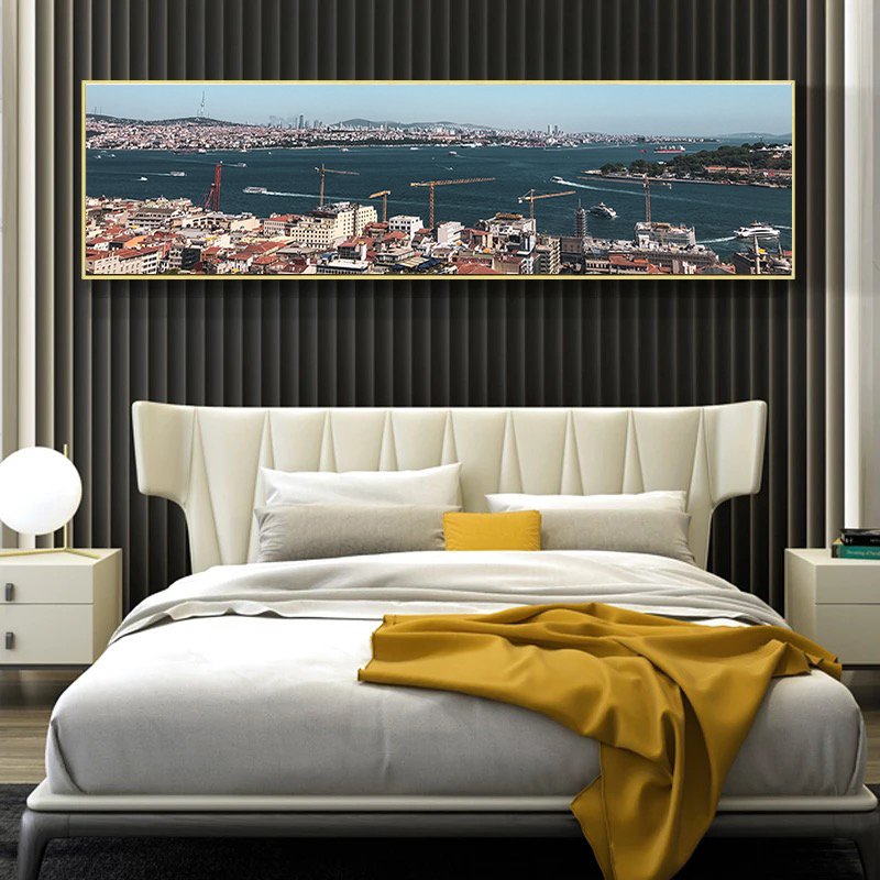 120x50cm Panoramik Kanvas Tuval Tablo Şehir Manzarası Kod: P083 Altın Metal Çerçeve-