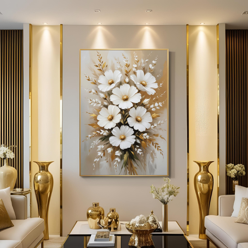 Yağlı Boya Dokulu Kabartmalı Altın Floral Tablo