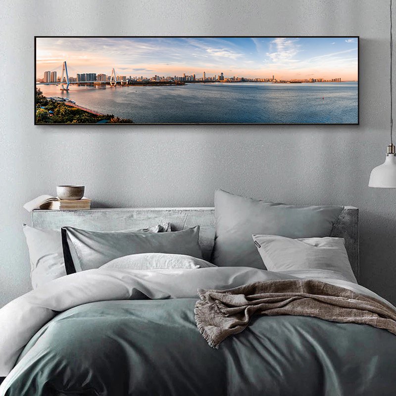 120x50cm Panoramik Kanvas Tuval Tablo Şehir Manzrası Kod: P084 Altın Metal Çerçeve-