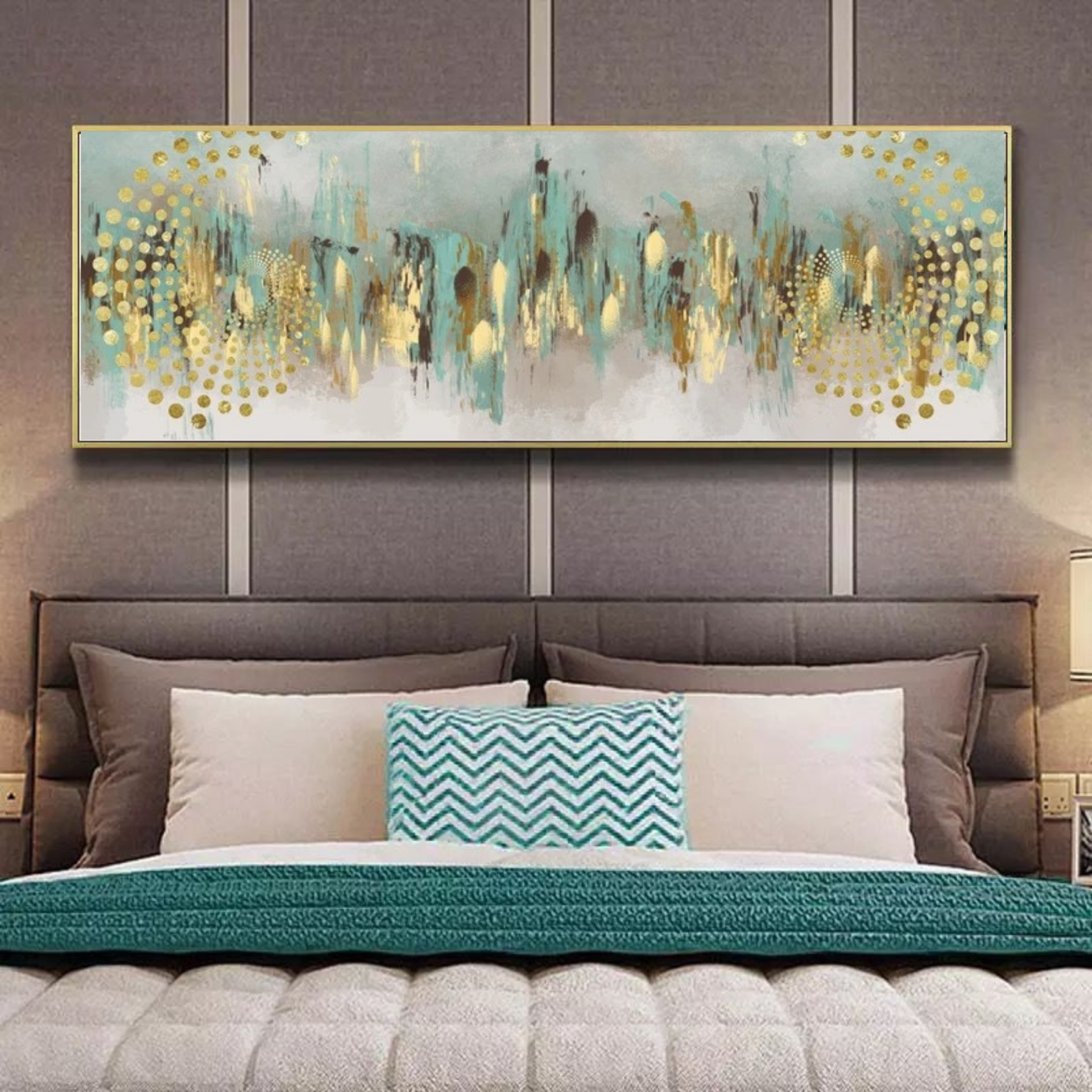120x50cm Panoramik Kanvas Tuval Tablo Gold Detay Soyut Kod: TLH88-K Altın Metal Çerçeve-