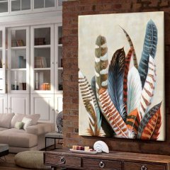 Kanvas Tablo Renkli Tüyler Kod: K799 90x90cm Kanvas Tablo - Altın Metal Çerçeve-