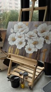 Yağlı Boya Dokulu Kabartmalı Beyaz Çiçekler Tablo