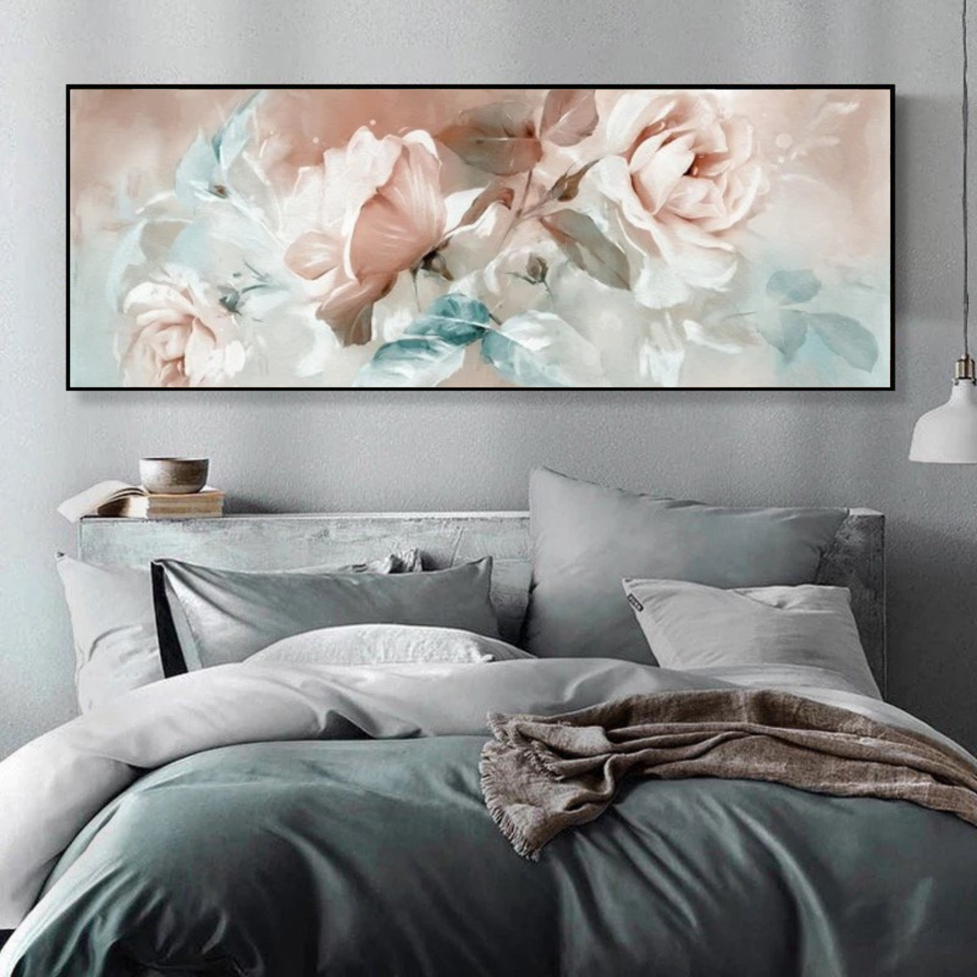120x50cm Panoramik Kanvas Tuval Tablo Soft Güller Kod: TLH87-K Altın Metal Çerçeve-