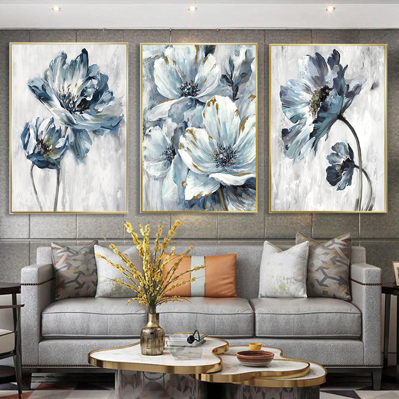 Üçlü Kanvas Tuval Tablo Seti Soğuk Mavi Çiçekler Soyut Kod: CB5523-KS