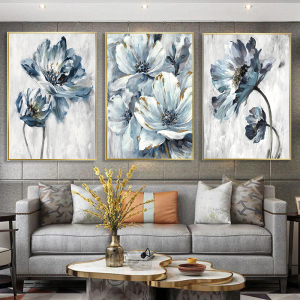 Üçlü Kanvas Tuval Tablo Seti Soğuk Mavi Çiçekler Soyut Kod: CB5523-KS