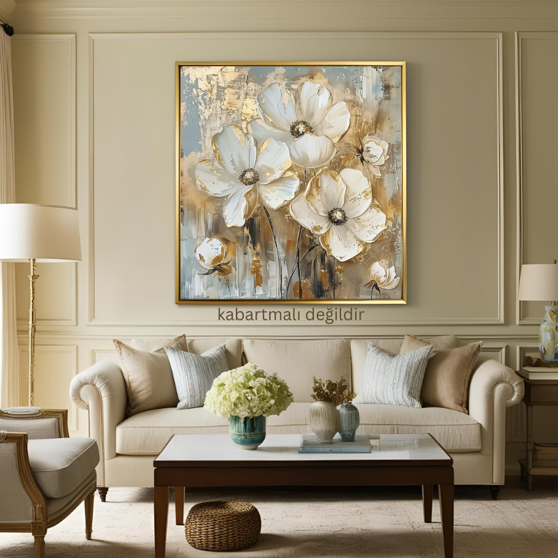 Kanvas Tablo Altın Detaylı Eskitme Çiçekler Kod: EYL149