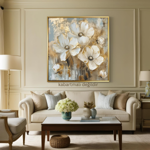 Kanvas Tablo Altın Detaylı Eskitme Çiçekler Kod: EYL149