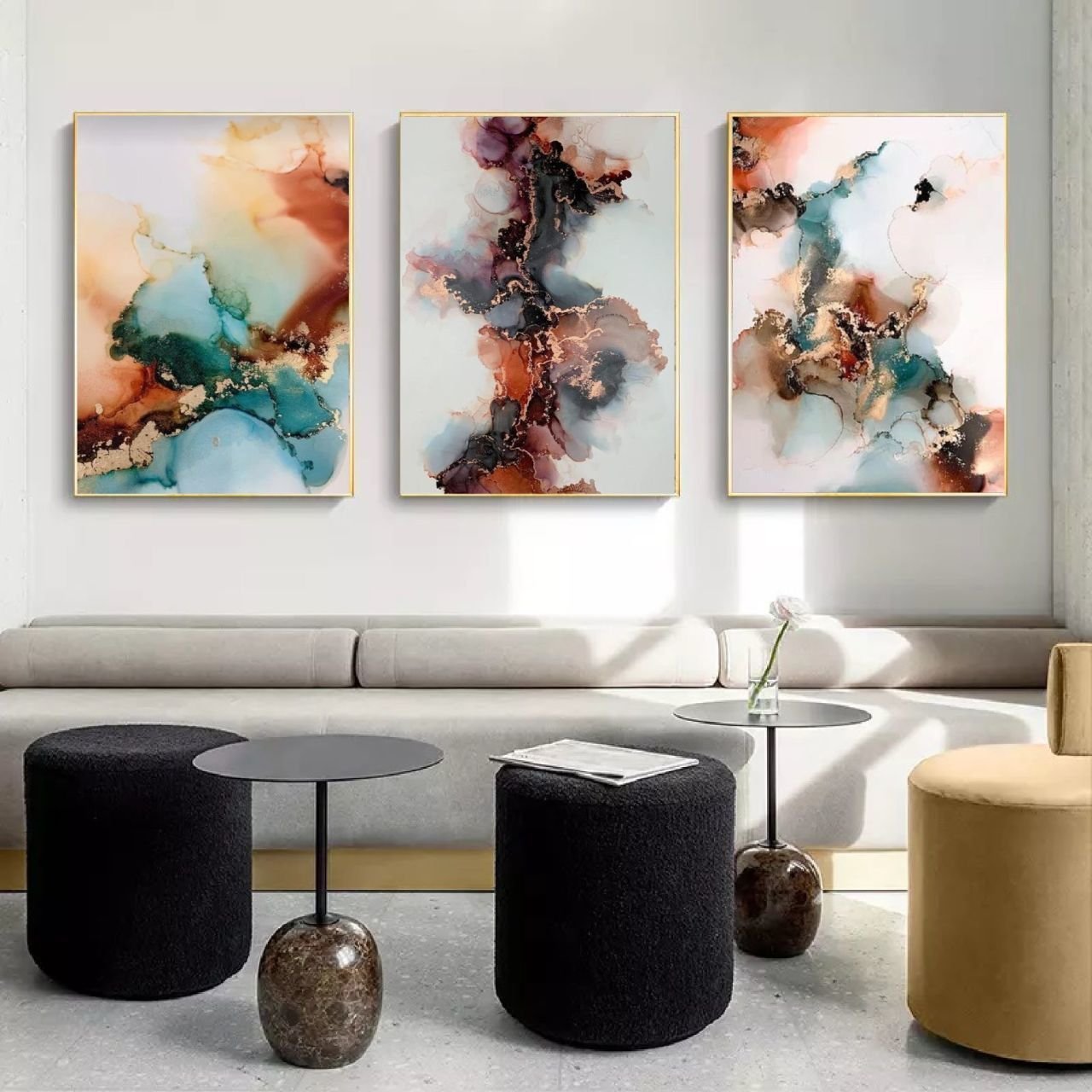 Üçlü Kanvas Tuval Tablo Seti Pastel Ink Desenler Kod: B091-K