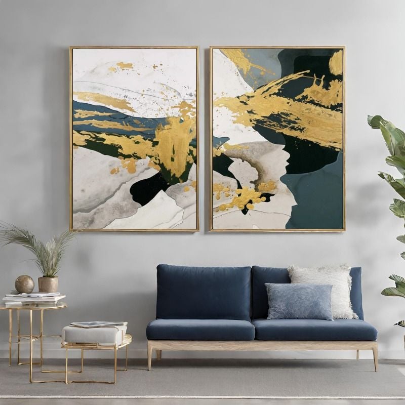 İkili Kanvas Tuval Tablo Altın Detaylı Soyut Kod: EYL18