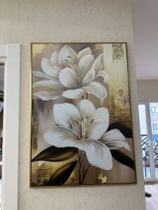 Kanvas Tuval Tablo Gold Detaylı Bej Çiçekler Kod: EYL175