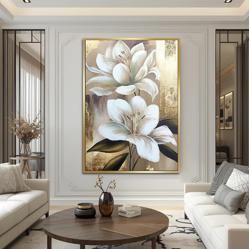 Kanvas Tuval Tablo Gold Detaylı Bej Çiçekler Kod: EYL175