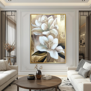 Kanvas Tuval Tablo Gold Detaylı Bej Çiçekler Kod: EYL175