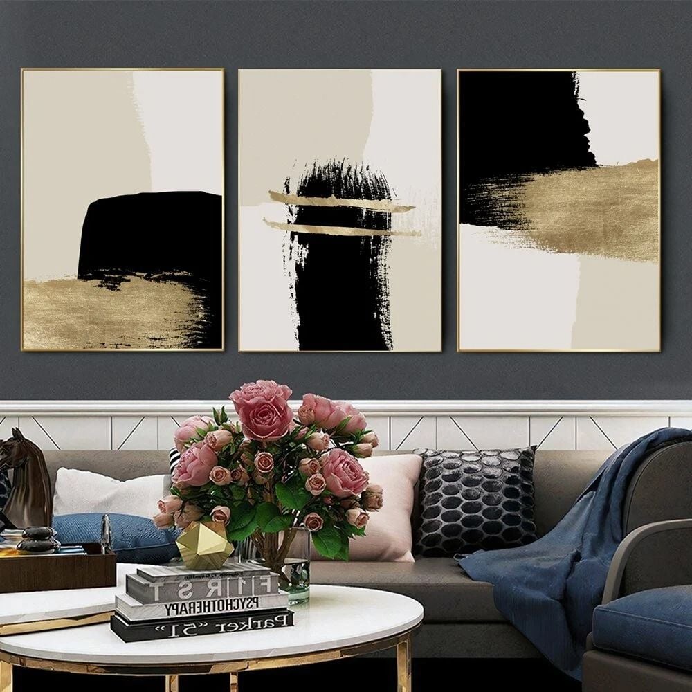 Üçlü Kanvas Tuval Tablo Seti Gold Detaylı Soyut Kod: LK397-K