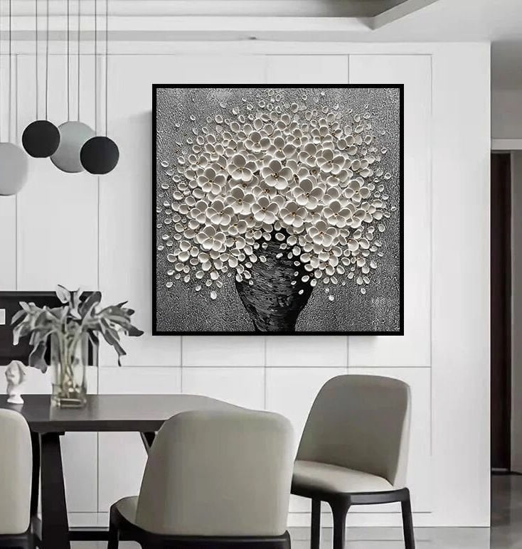 Yağlı Boya Dokulu Vazoda Beyaz Çiçekler Tablosu 90x90cm