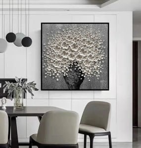 Yağlı Boya Dokulu Vazoda Beyaz Çiçekler Tablosu 90x90cm