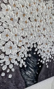 Yağlı Boya Dokulu Vazoda Beyaz Çiçekler Tablosu 90x90cm