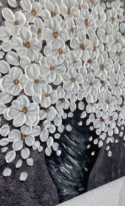 Yağlı Boya Dokulu Vazoda Beyaz Çiçekler Tablosu 90x90cm