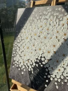 Yağlı Boya Dokulu Vazoda Beyaz Çiçekler Tablosu 90x90cm