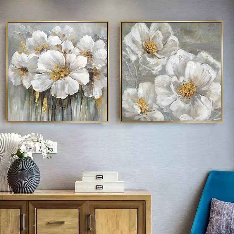 İkili Kanvas Tuval Tablo Beyaz Çiçekler Kod: K896-2-K