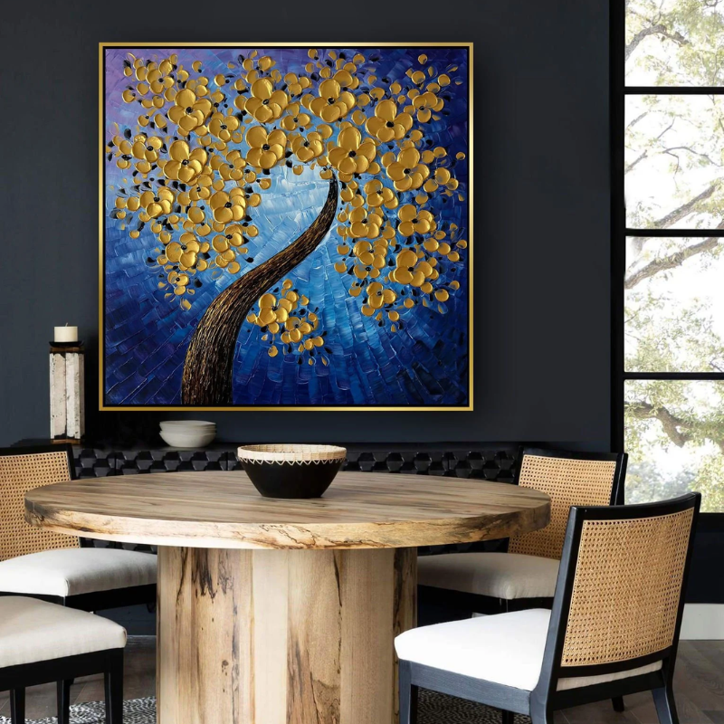 Yağlı Boya Dokulu Altın Hayat Ağacı Tablosu 90x90cm