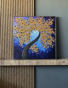 Yağlı Boya Dokulu Altın Hayat Ağacı Tablosu 90x90cm