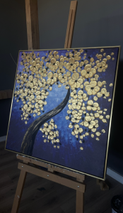 Yağlı Boya Dokulu Altın Hayat Ağacı Tablosu 90x90cm