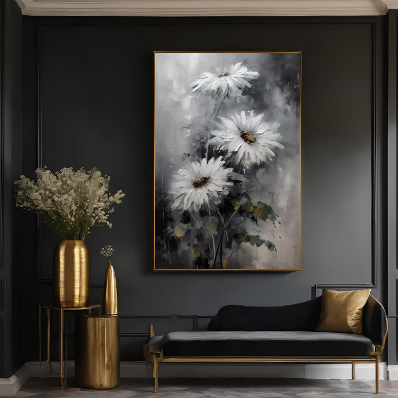 Yağlı Boya Dokulu Kabartmalı Gri Tonlu Çiçekler Tablo