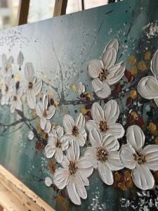 Yağlı Boya Dokulu Kabartmalı Dalda Soyut Çiçekler Tablo 70x120cm