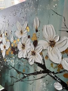 Yağlı Boya Dokulu Kabartmalı Dalda Soyut Çiçekler Tablo 70x120cm