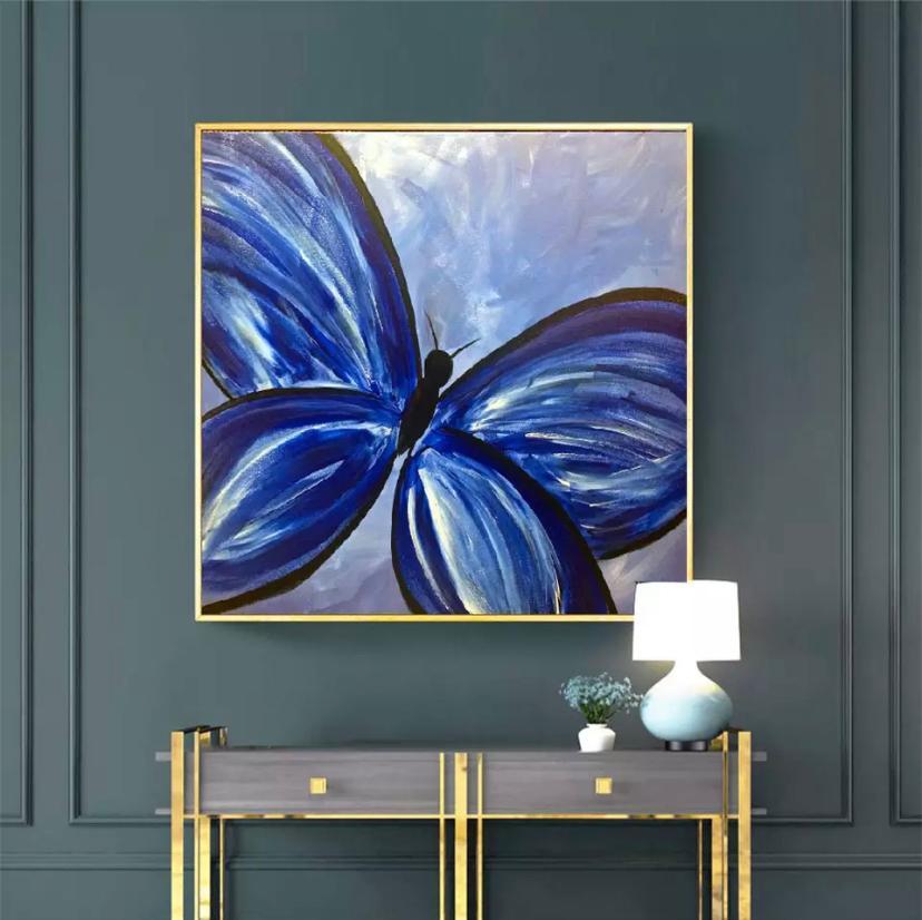 Kanvas Tuval Tablo Mavi Kelebek Kod: TV0002 90x90cm Kanvas Tablo - Altın Metal Çerçeve-