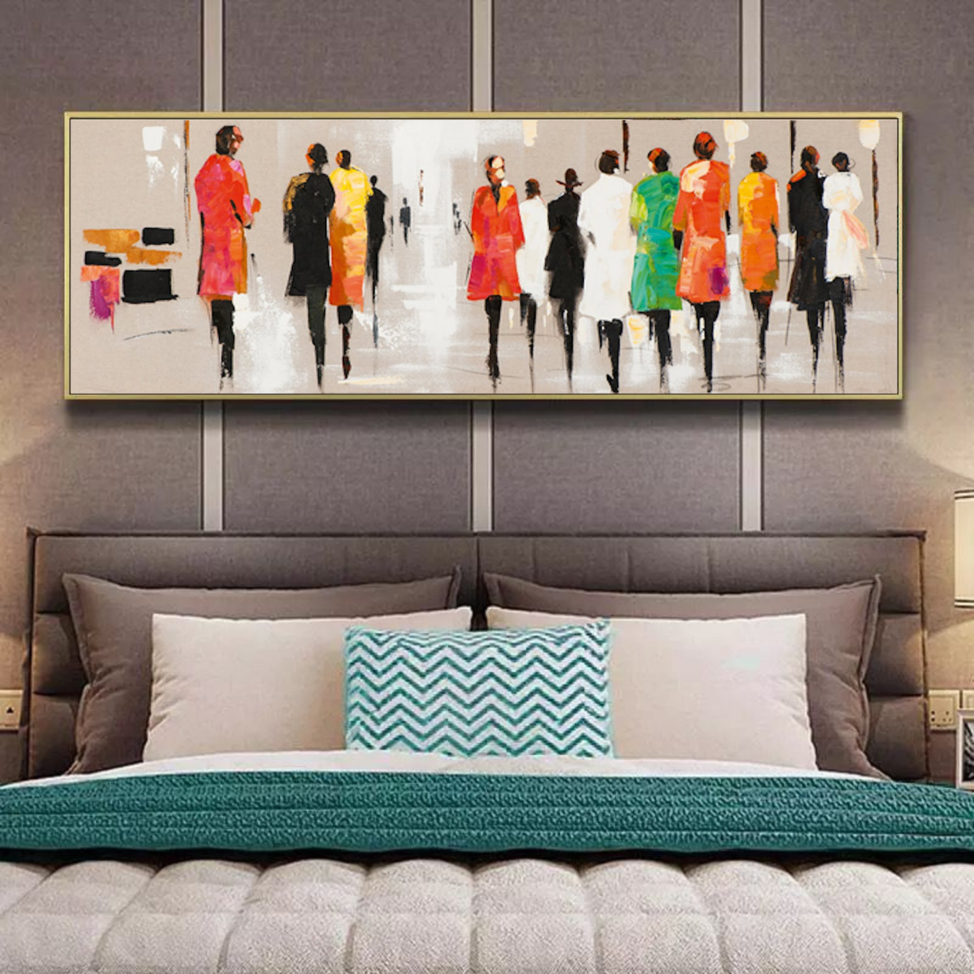 120x50cm Panoramik Kanvas Tuval Tablo Renkli Silüetler Kod: TLH82-K Altın Metal Çerçeve-