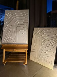 Yağlı Boya Dokulu Kabartmalı Beyaz Soyut Çizgiler İkili Set Tablo