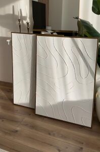 Yağlı Boya Dokulu Kabartmalı Beyaz Soyut Çizgiler İkili Set Tablo