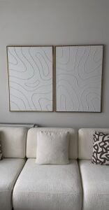 Yağlı Boya Dokulu Kabartmalı Beyaz Soyut Çizgiler İkili Set Tablo