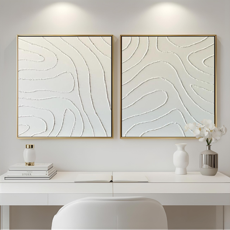 Yağlı Boya Dokulu Kabartmalı Beyaz Soyut Çizgiler İkili Set Tablo