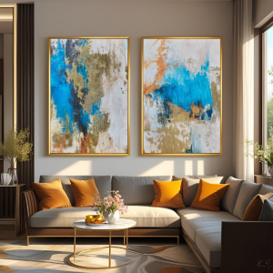 Altın Varak Boya Dokulu Soyut 50x70cm İkili Tablo Seti