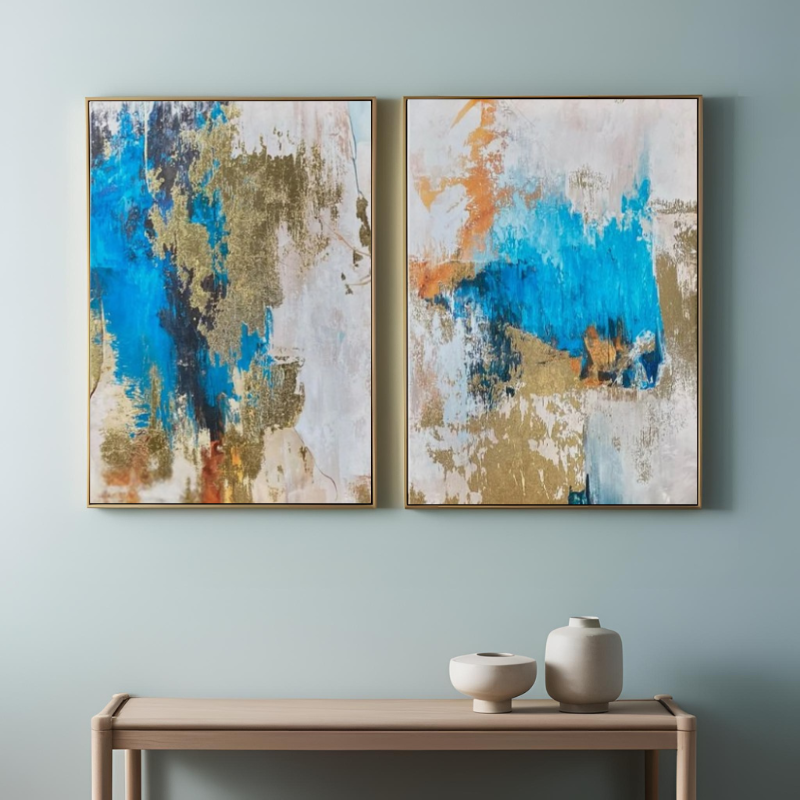 Altın Varak Boya Dokulu Soyut 50x70cm İkili Tablo Seti