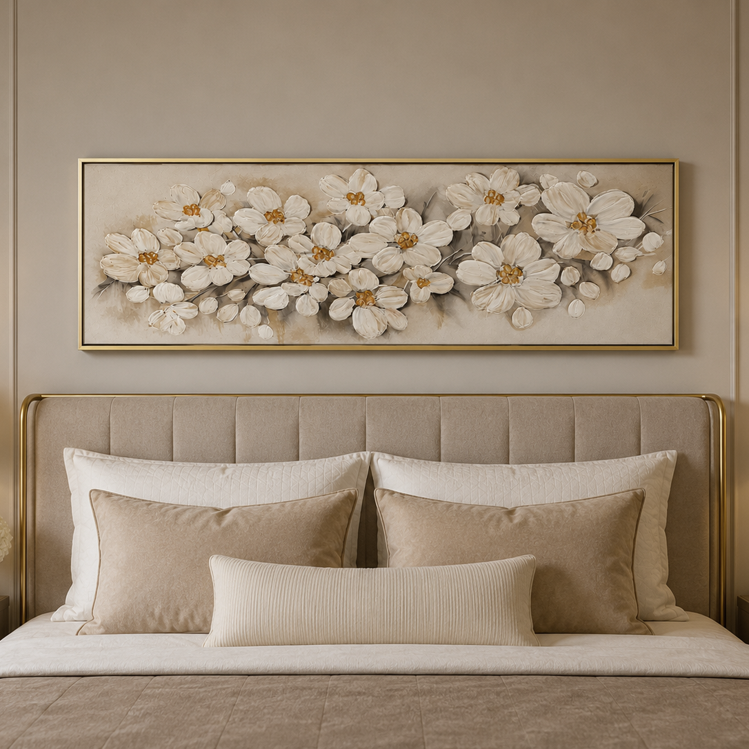 Yağlı Boya Dokulu Kabartmalı Altınlı Çiçek Tablo 40x120cm