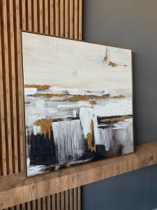 Yağlı Boya Dokulu Kabartmalı Gri Beyaz Soyut Tablo 70x100cm Kanvas Tablo - Altın Metal Çerçeve-