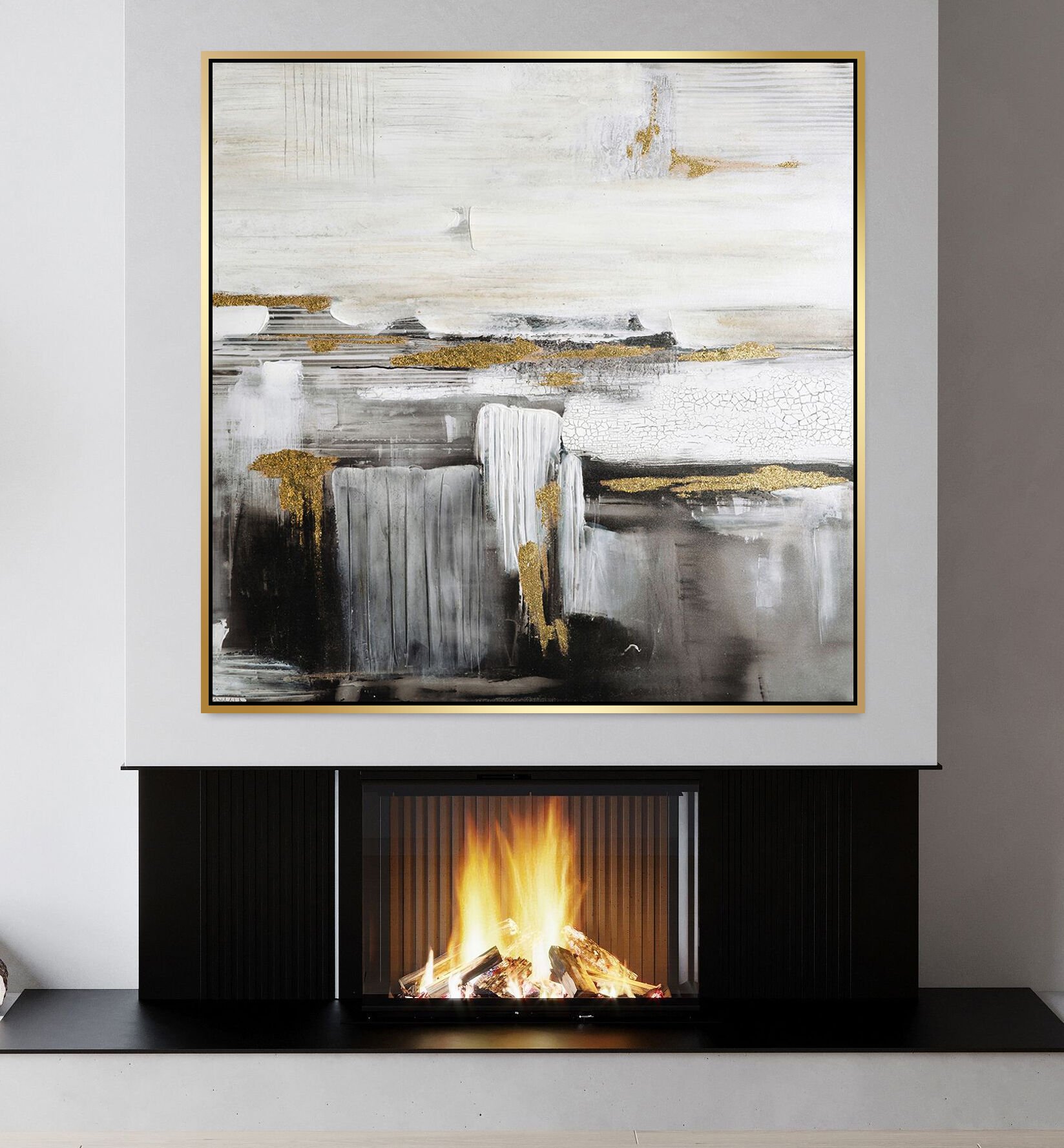 Yağlı Boya Dokulu Kabartmalı Gri Beyaz Soyut Tablo 70x100cm Kanvas Tablo - Altın Metal Çerçeve-