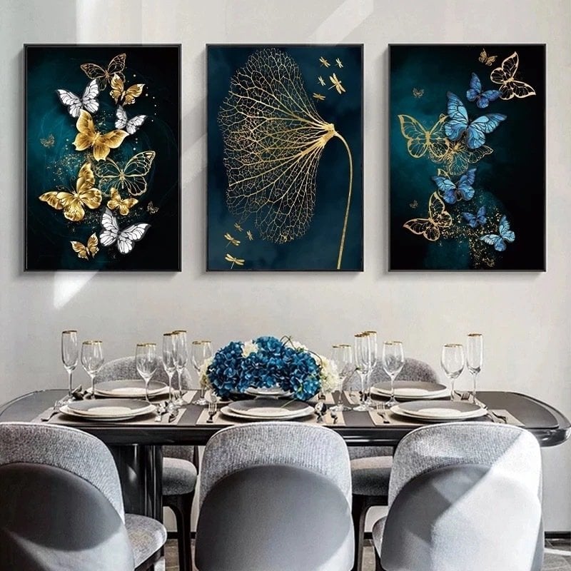 Üçlü Kanvas Tuval Tablo Seti Gold Butterflies Kod: LK681-K